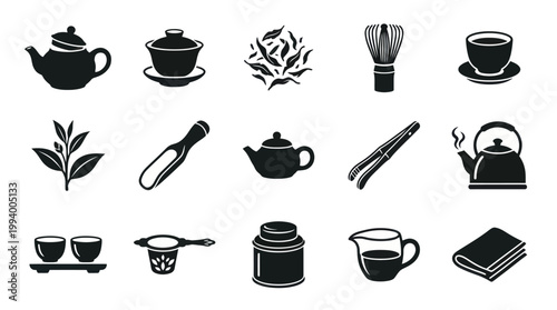 Black  White Glyph Icons of Tea Ceremony Utensils and Accessories