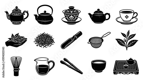 Black and White Icons Set: Tea Ceremony Utensils and Elements, Line Art