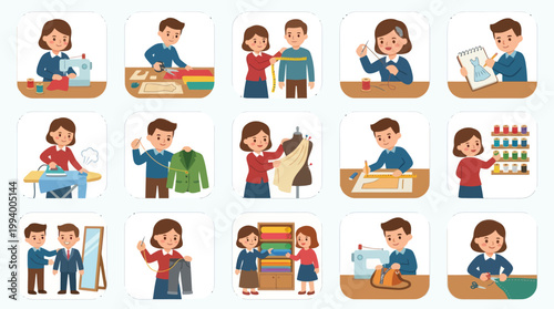 Flat Vector Illustration Set of People in Fashion Design and Tailoring Process