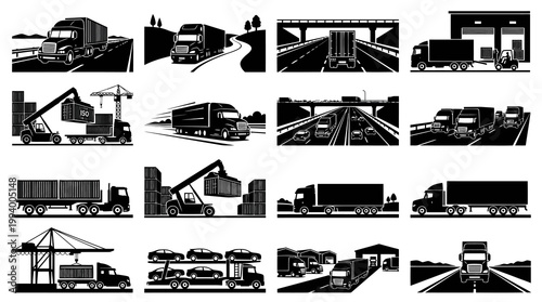 Black and White Truck and Logistics Icons - Vector Stock