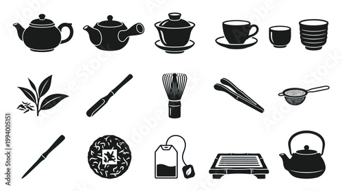 Tea Ceremony Utensils and Teaware Black and White Glyph Icons Set