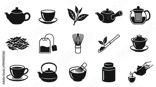 Black  White Vector Icons of Tea Accessories, Including Teapots and Cups