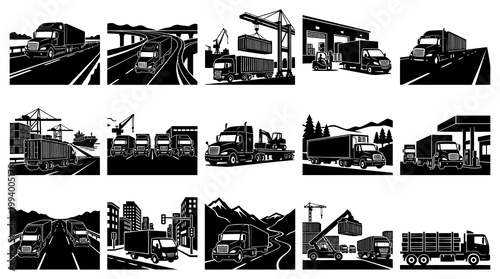 Black and White Vector Icons of Trucks and Logistics for Transportation Industry