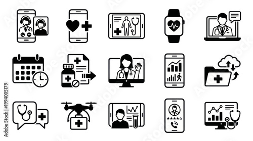 Medical Technology Icons: Telemedicine, Health Monitoring, Data Analysis