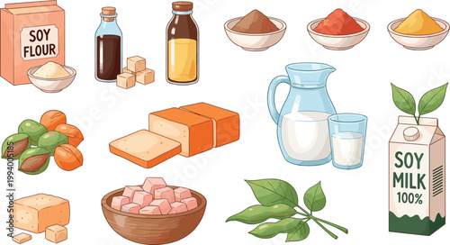 Soy products collection set including soy milk tofu flour oil sauce isolated on white background healthy vegan food vector illustration