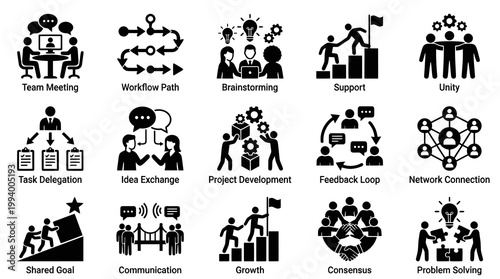 Business Teamwork Management Collaboration Glyph Icons Set: Project Development, Communication  Growth