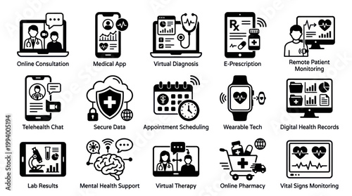 Medical Technology Icons: Healthcare Digital Services  Telemedicine Line Art