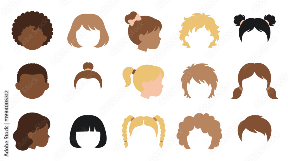 Obraz premium Diverse Kids Hairstyles Flat Vector Icons. Children Heads and Faces for Avatars Profiles.