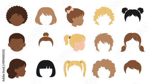 Diverse Kids Hairstyles Flat Vector Icons. Children Heads and Faces for Avatars  Profiles.