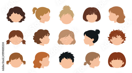 Diverse Children Faces and Hairstyles Flat Vector Illustration Set