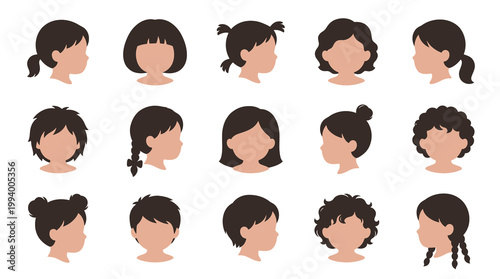 Diverse Children Hairstyles Flat Vector Illustration Set