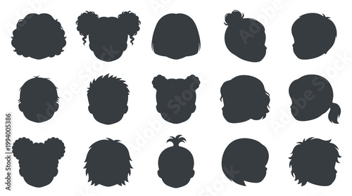 Kids Head Silhouettes Vector Glyphs Collection - Baby and Children Hairstyles
