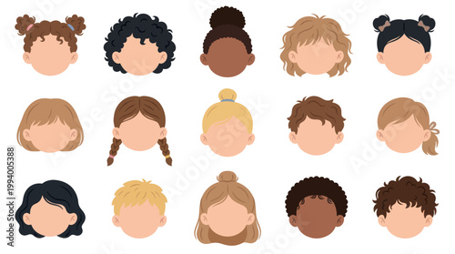 Children's Hairstyle Icons Vector Set, Diverse Kids Faces, Flat Design