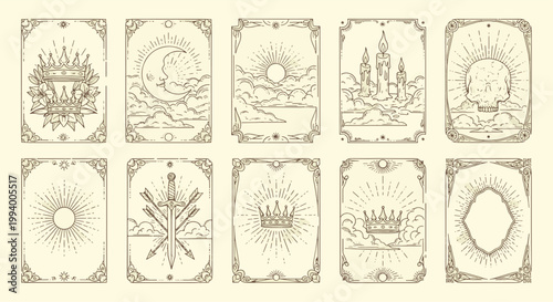 Set of mystical tarot cards with celestial sun moon skull and gothic castle symbols in hand drawn vintage line art vector illustration