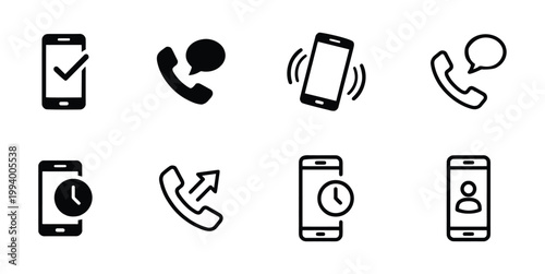 Set of eight black and white phone and call icons mobile