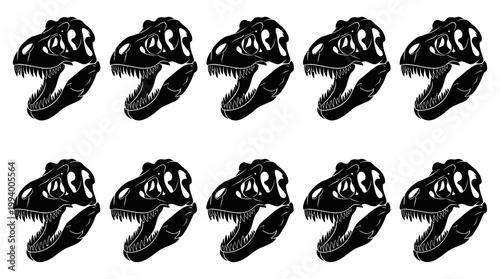 Black and White Line Art Dinosaur Skulls Glyphs - Prehistoric Tyrannosaurus Rex Bones Set