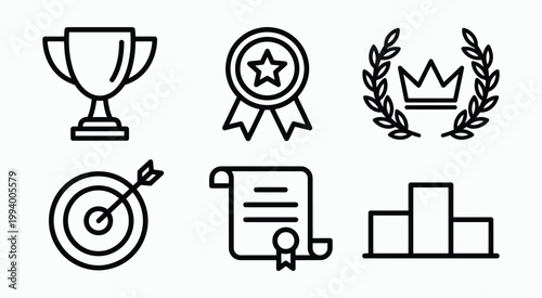 Trophy medal laurel crown certificate dartboard podium icons award ribbon