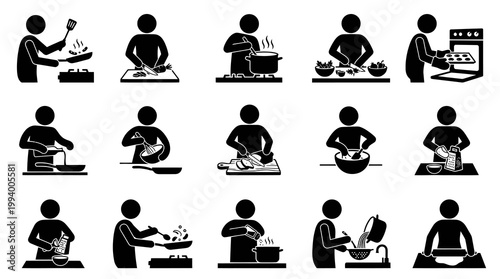 Black and White Glyph Icons of People Cooking and Food Preparation Steps