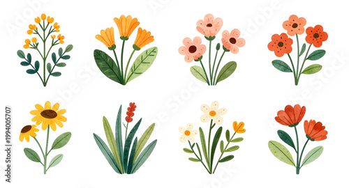 botanical illustration, floral clipart, flower collection, leaf design, colorful flowers, garden elements, plant illustration, decorative foliage, floral set, nature clipart, blooming flowers, digital