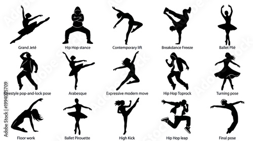 Diverse Dance Poses Silhouettes: Ballet, Hip Hop, Contemporary