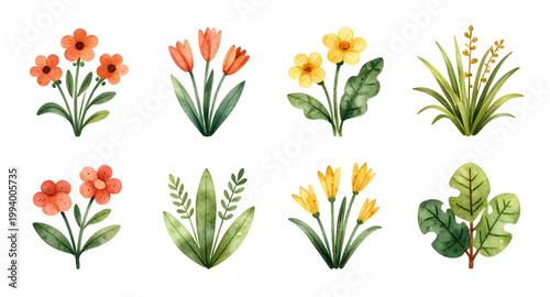 botanical illustration, floral clipart, flower collection, leaf design, colorful flowers, garden elements, plant illustration, decorative foliage, floral set, nature clipart, blooming flowers, digital