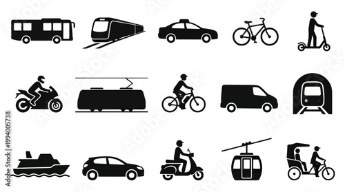 Transportation Vehicles Glyph Icons Set. Public  Private Transit Modes Silhouettes Collection