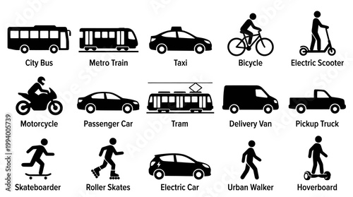 Transportation and Personal Mobility Vector Icons Set in Solid Black Glyph Style