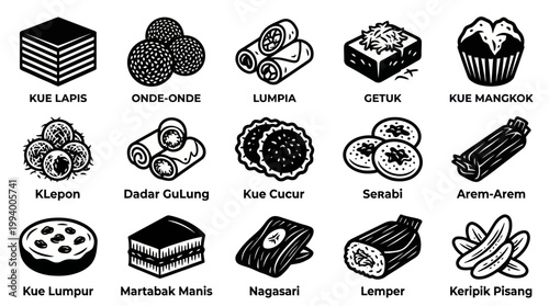Indonesian Traditional Food  Snacks Icons Set - Black White Line Art Glyph Collection