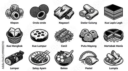 Indonesian Traditional Food  Snacks Black and White Line Art Vector Icons.