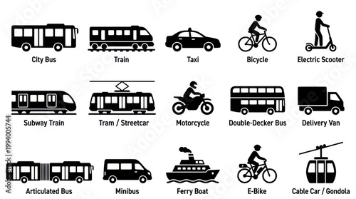 Black Glyph Transportation Vehicle Icons Set - Urban Mobility Modes Line Art