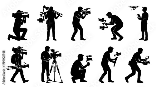Video Production Crew Silhouette Vector Set: Camera Operators, Videographers  Drone Pilots