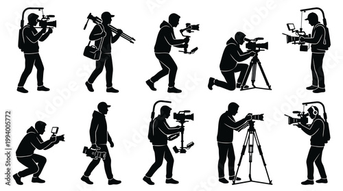 Black and White Silhouettes of Filmmakers with Cameras and Equipment