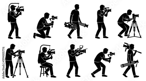 Videographer Silhouettes with Cameras and Tripods on White Background