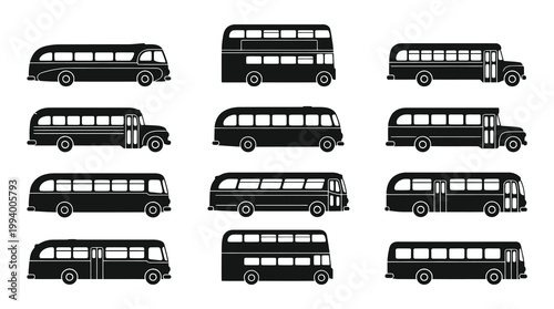 Transportation Buses Silhouette Icon Set. Public Transit Vehicle Collection, School Bus Glyphs