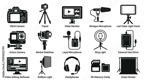 Black  White Glyph Icons Set of Videography and Photography Studio Production Equipment