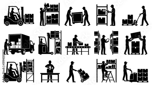 Logistics Warehouse Operations Black Silhouette Icons Set: Workers, Forklifts, Shipping, Storage