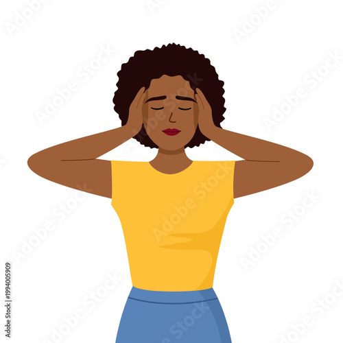 Woman plugs ears with hands, fear of sounds and unpleasant loud noise. Woman covering ears with hands.