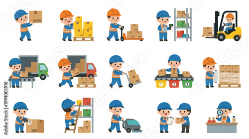 Flat Logistics  Warehouse Workers Cartoon Vector Set. Delivery, Shipping, Inventory Management Characters.