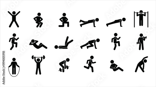 Set of stick figure exercising and fitness icons representing different activities
