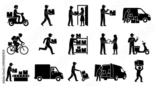 Logistics Delivery Services Glyph Icons. Courier, Shipping, and Parcel Management Silhouette Pictograms