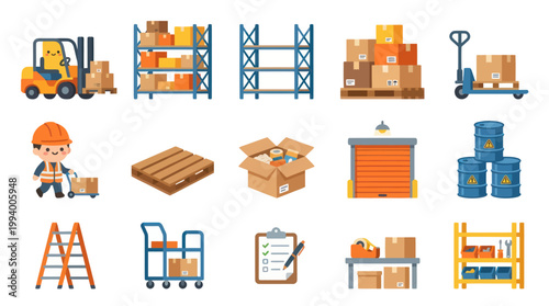 Warehouse Logistics Flat Icons: Forklift, Pallets, Worker, Shelving, Boxes