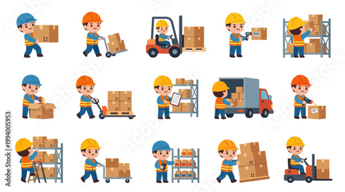 Flat Cartoon Vector Warehouse Logistics Workers Handling Boxes and Goods Set