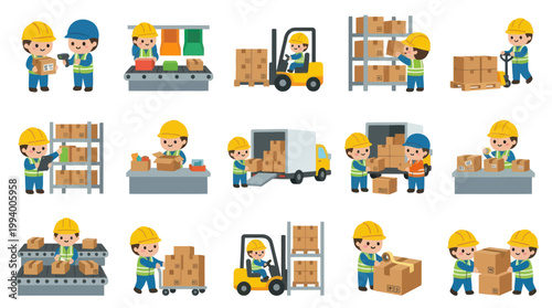 Logistics and Warehouse Workers Flat Vector Illustration Set with Boxes and Forklifts