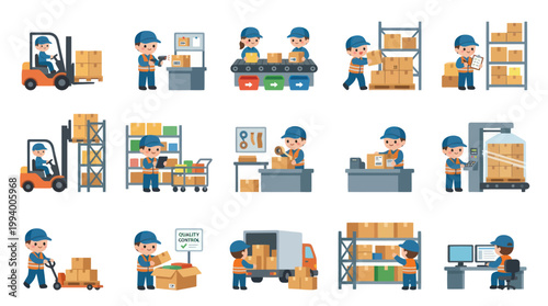 Warehouse Workers with Forklift, Conveyor, Packages and Truck
