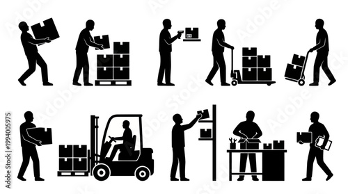 Warehouse workers loading and unloading boxes with forklift and hand truck