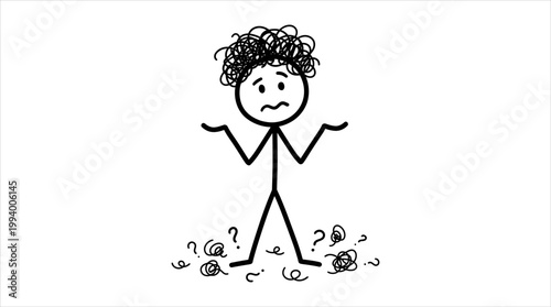 Puzzled stick figure cartoon shrugging in confusion with wild messy hair