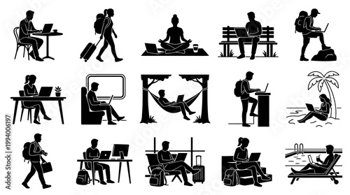 Digital Nomad  Remote Work Glyph Icons. People Working with Laptops, Travel  Freelance Lifestyle