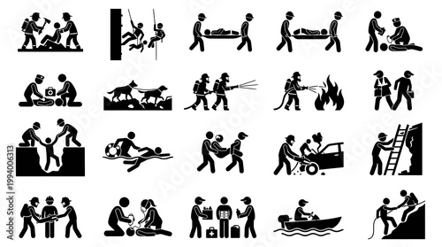 Emergency Rescue First Responders and Disaster Relief Black Glyph Icons