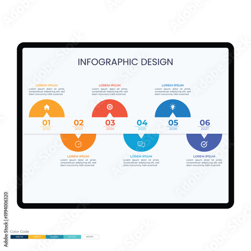 Half Circle Timeline Six Step Infographic Design Template