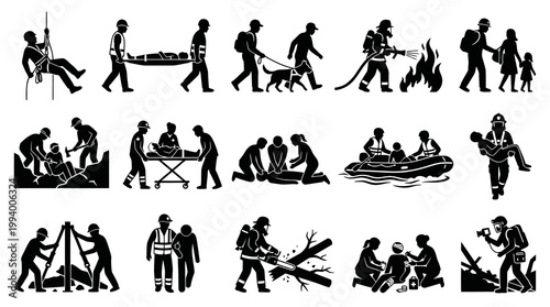 Emergency Rescue and First Responders Glyph Icons Set - Disaster Relief and Safety Services